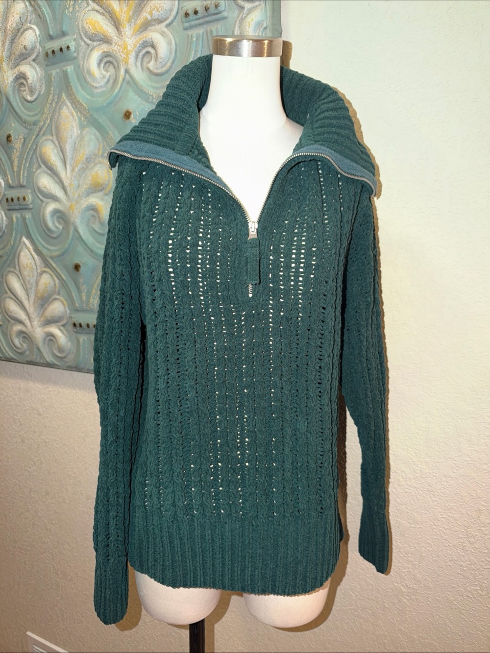 aerie Forest Green Cable-Knit Zip Cardigan - Picture 3 of 12